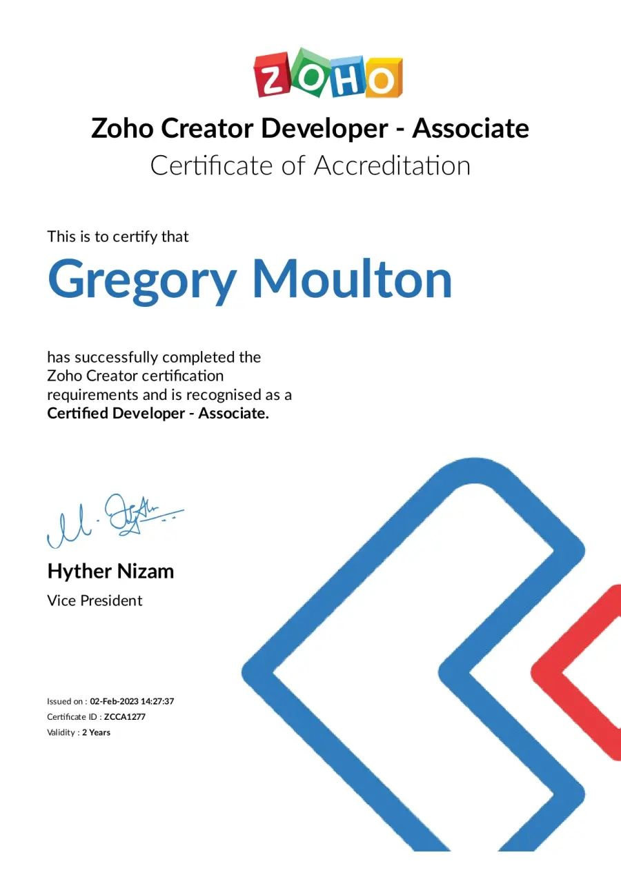 Gregory Moulton certified Zoho developer accreditation certificate